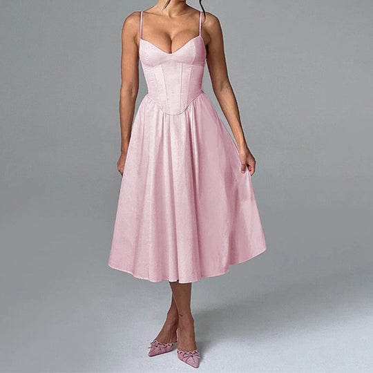 Damen Midikleid mit herzförmigem Ausschnitt und schwingendem Rock EB