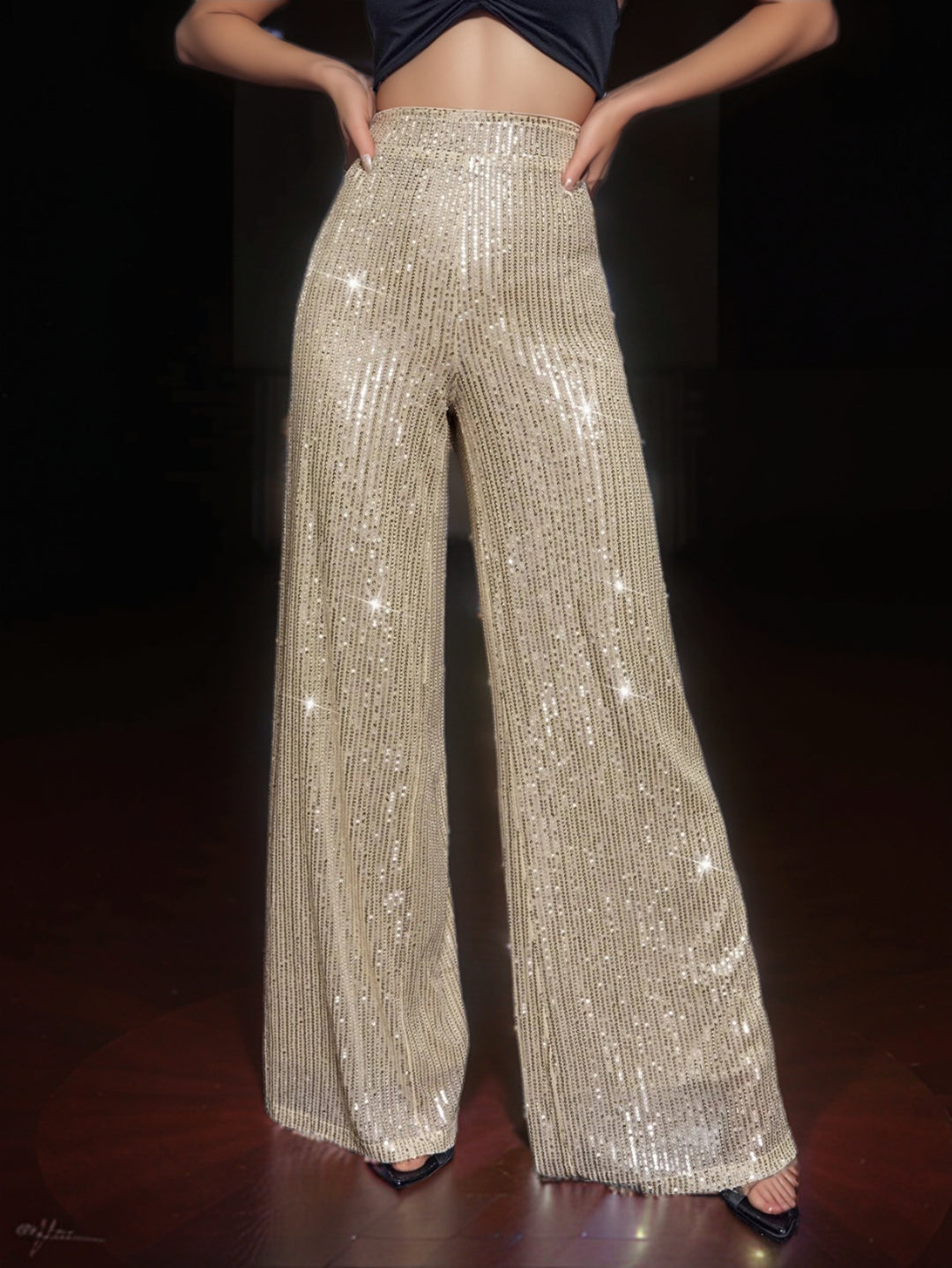 Damen Glamouröse Maxihose mit Glitzerstreifen und weitem Bein EB