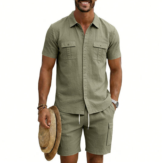 Herren nan sommerliches Freizeitset aus Baumwoll-Leinenmix mit Kurzarm-Hemd und Cargo-Shorts EB