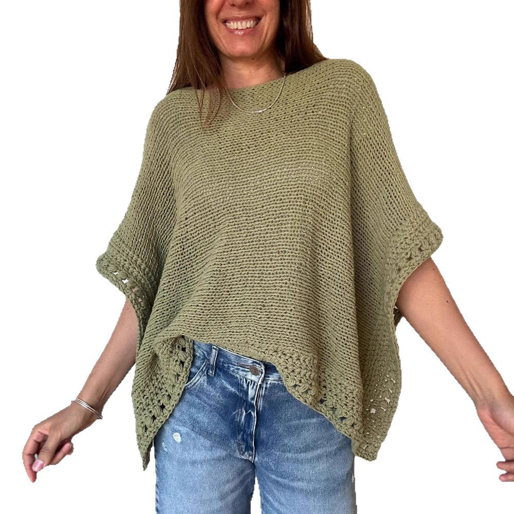 Damen Leichtes Oversize Strickponcho mit Häkelkante EB