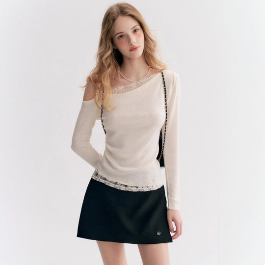 Damen Elegantes Oberteil mit transparentem Spitzenbesatz EB