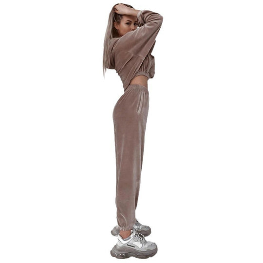Damen Samt-Cropped-Loungewear-Set mit Kapuzenpullover und elastischer High-Waist-Jogginghose EB