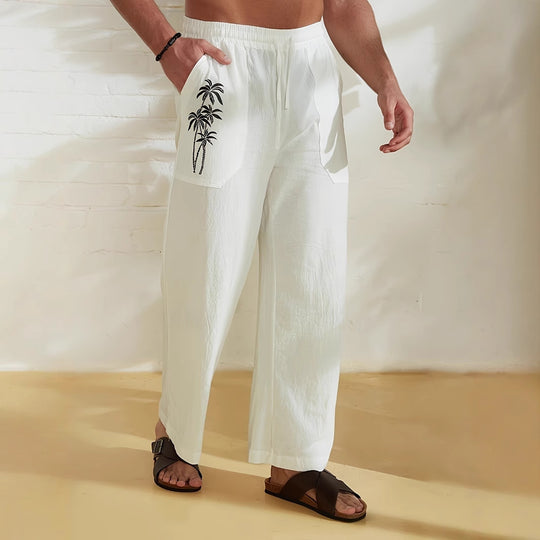 Herren lässige Leinen-Relax-Hose mit palmenmotivierten Taschen EB