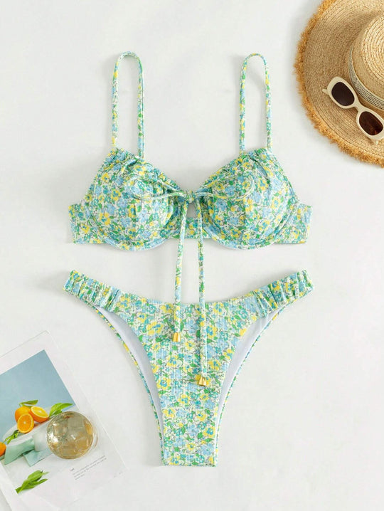 Damen Floral Bikini mit hochwertigen Rüschen und verstellbaren Trägern EB