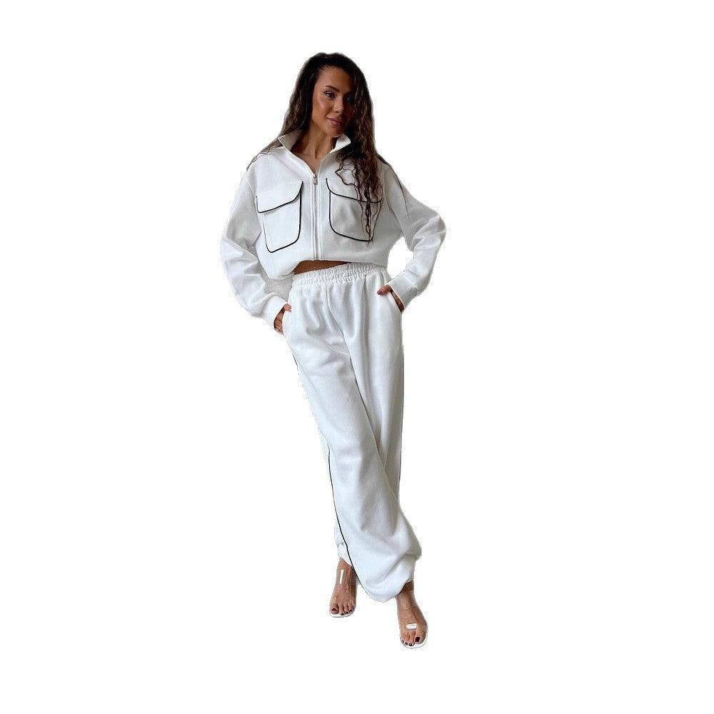 Damen sportliches Fleece-Set mit modischen Kontrasten und praktischen Taschen EB