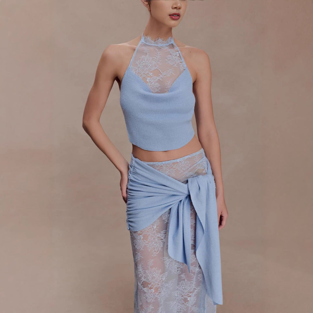 Damen Elegantes Spitzen-Top und Maxi-Rock Set EB