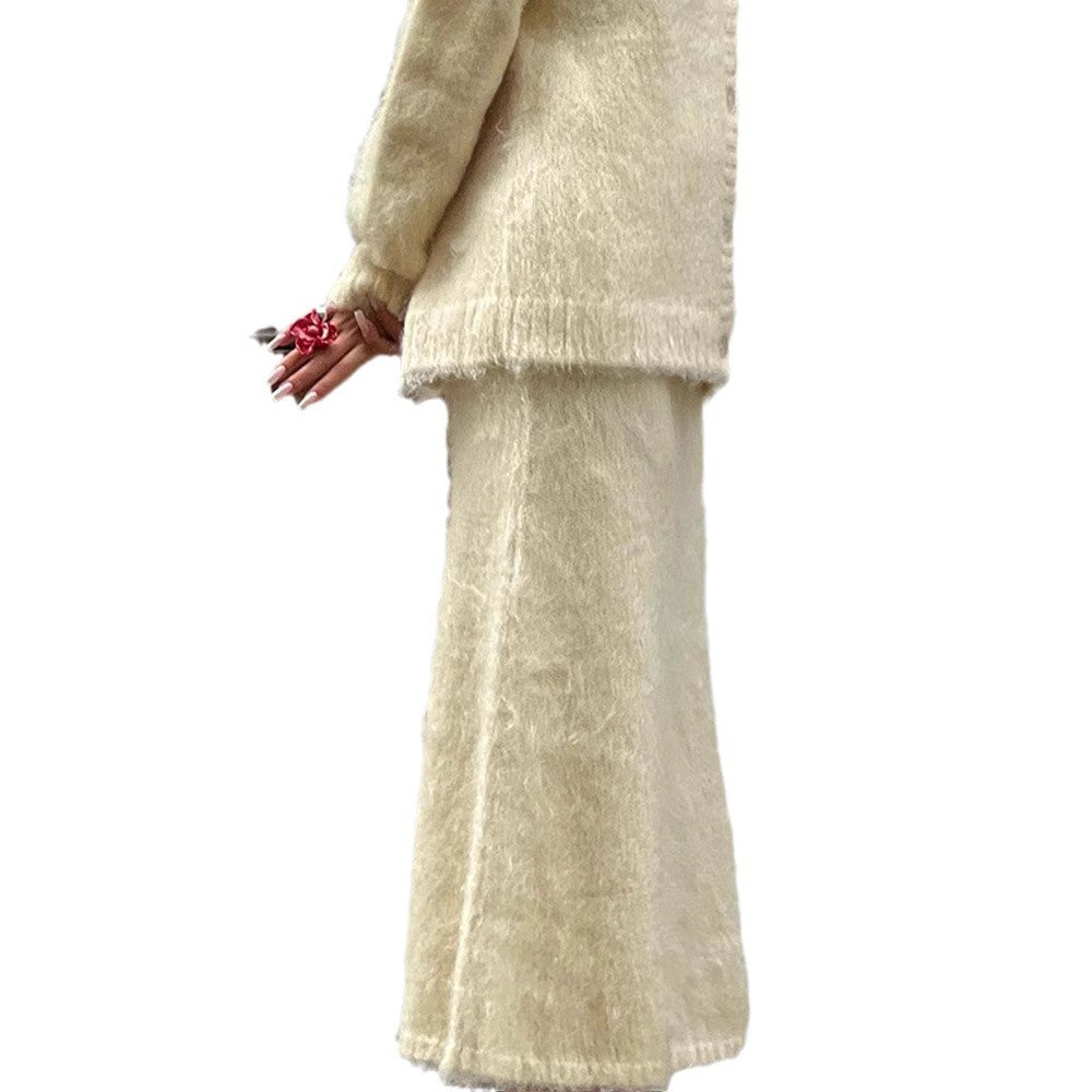 Damen kuschelige Strickjacke und Wadenlanger Rock Set EB