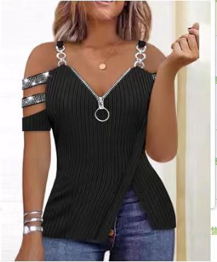 Damen Trendy Off-Shoulder Top mit Reißverschluss und Designer-Riemen EB