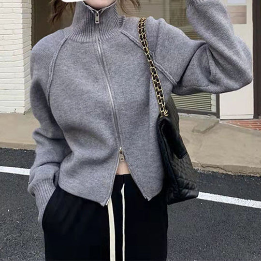 Damen Strickjacke mit hochwertigem Reißverschluss und Stehkragen EB