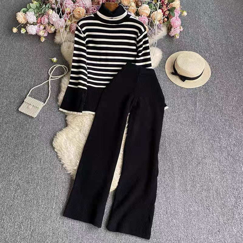 Damen elegantes gestreiftes Strickensemble mit hohem Kragen und weitem Bein EB