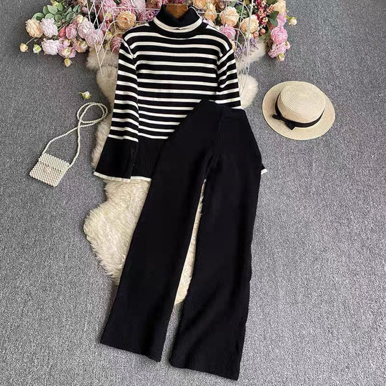 Damen elegantes gestreiftes Strickensemble mit hohem Kragen und weitem Bein EB