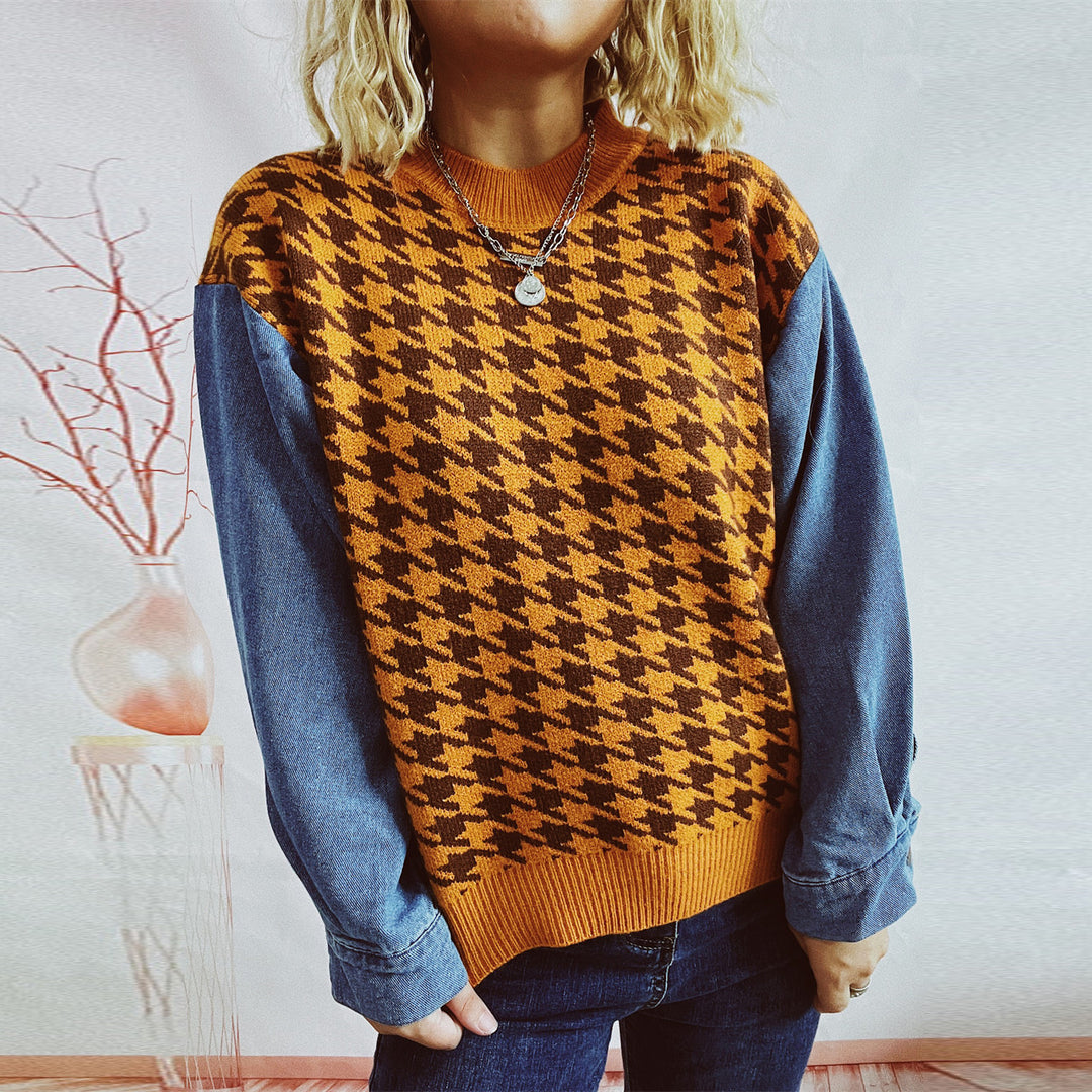 Damen Strickpullover im modernen Hahnentrittmuster mit lässigen Denim-Ärmeln EB