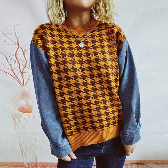 Damen Strickpullover im modernen Hahnentrittmuster mit lässigen Denim-Ärmeln EB