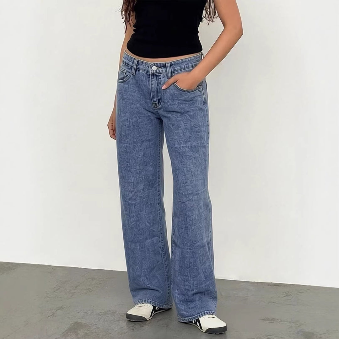 Damen Weite High-Waist Jeans mit klassischem Schnitt und ausgefransten Säumen EB