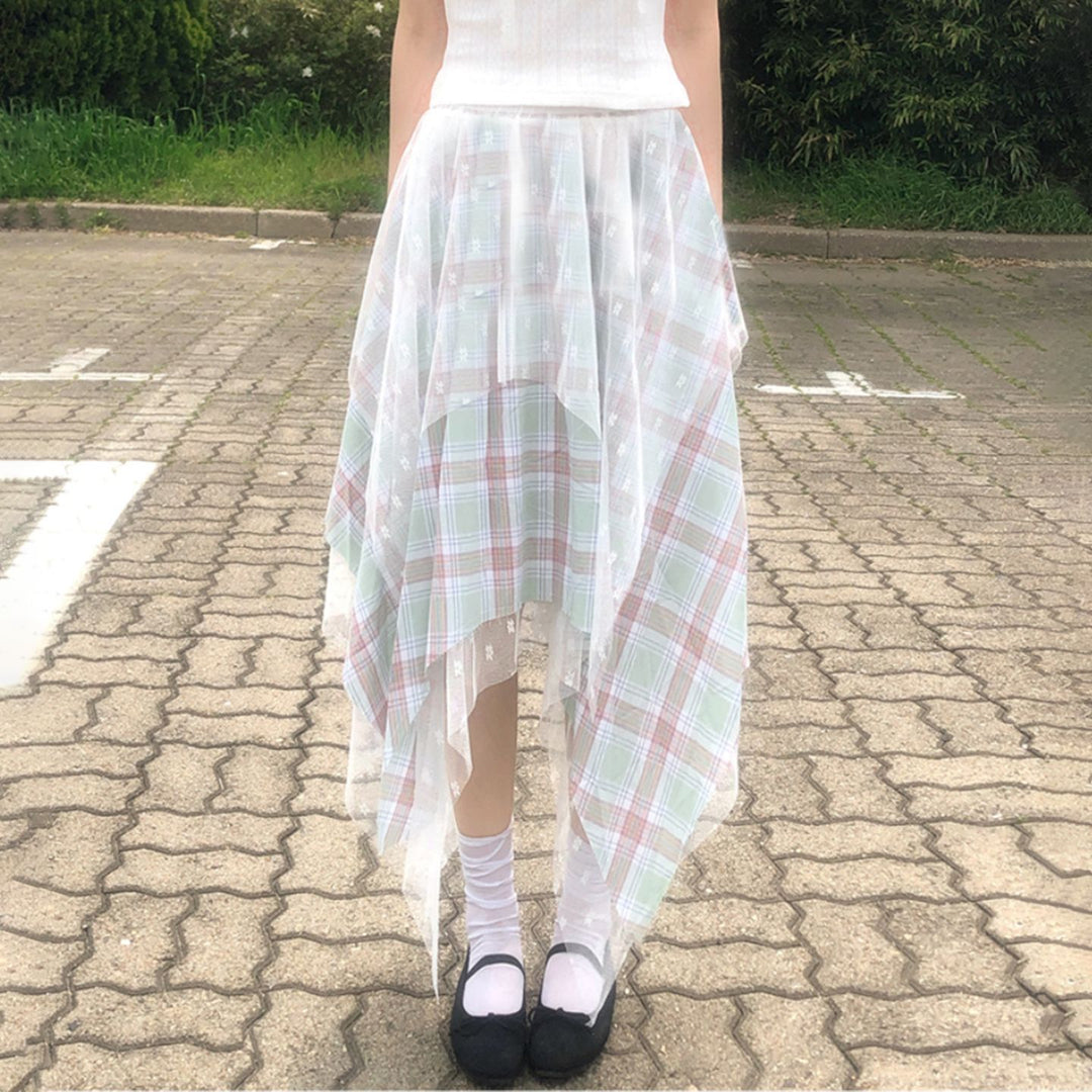 Damen Asymmetrischer Plissee-Rock mit transparentem Chiffonüberwurf und kariertem Design EB