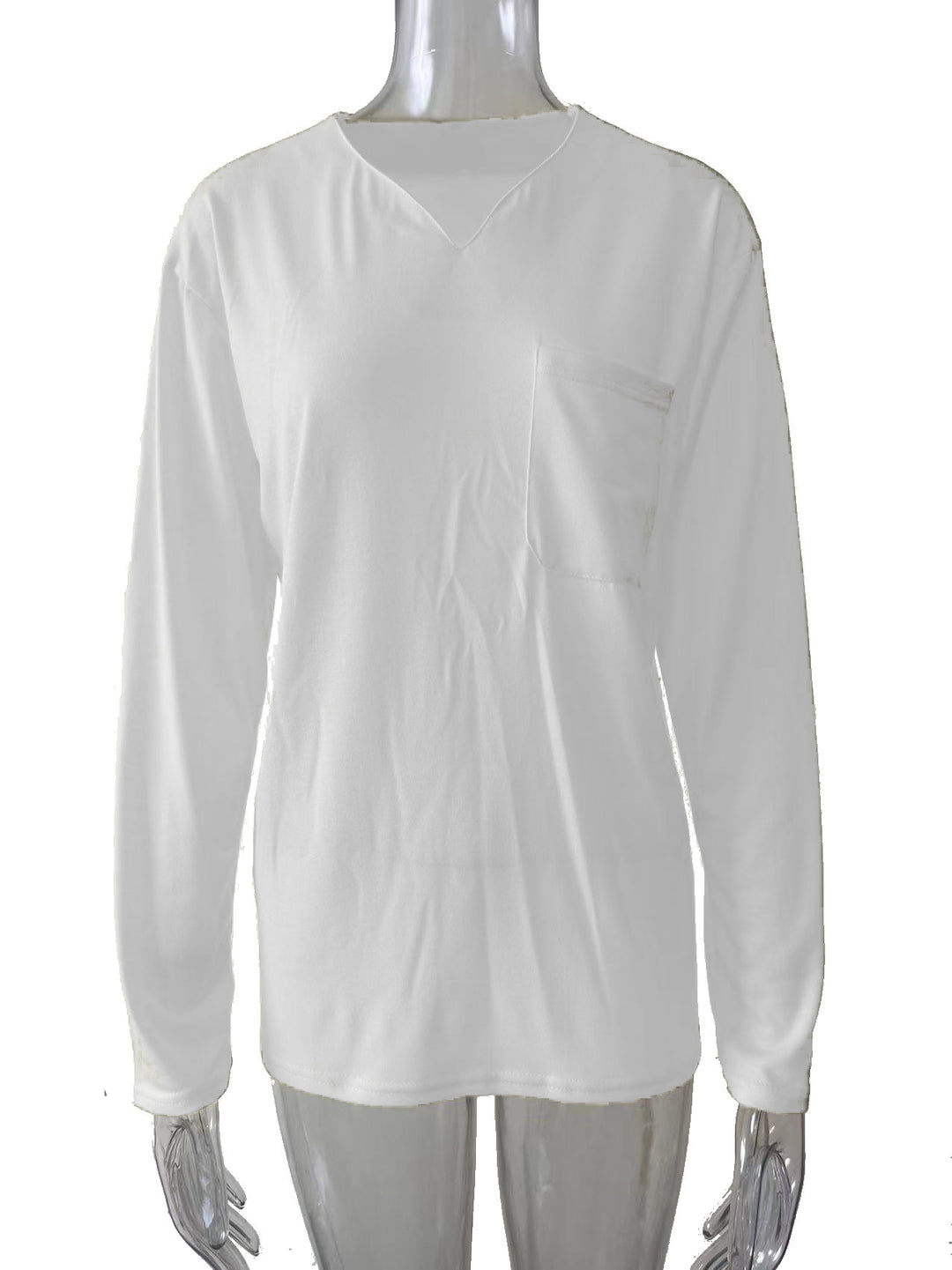 Damen nan legeres Langarmshirt mit V-Notch-Ausschnitt, Brusttasche und lockerer Oversize-Passform EB