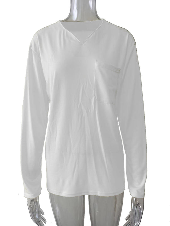 Damen nan legeres Langarmshirt mit V-Notch-Ausschnitt, Brusttasche und lockerer Oversize-Passform EB