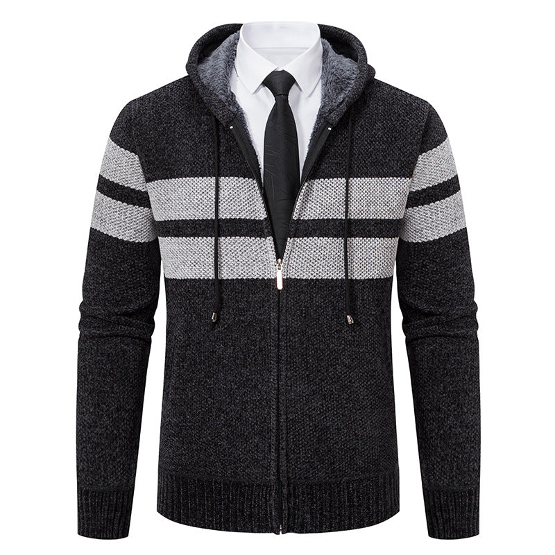 Herren nan gestrickte Kapuzenjacke mit Teddyfutter, verdecktem Reißverschluss und kontrastreifen EB