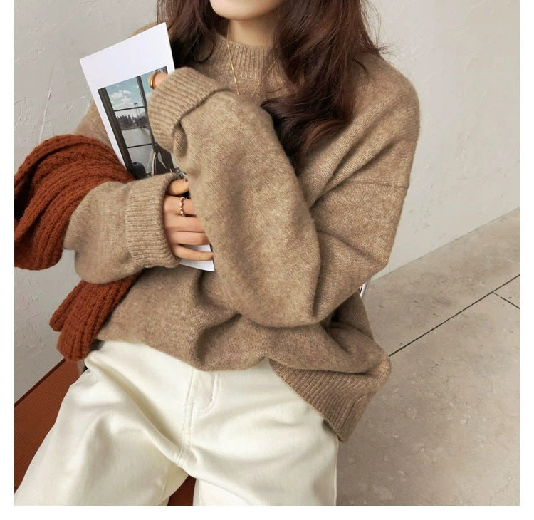 Damen Lässiger Kuschel-Feinstrickpullover mit Stehkragen und verlängerten Bündchen EB