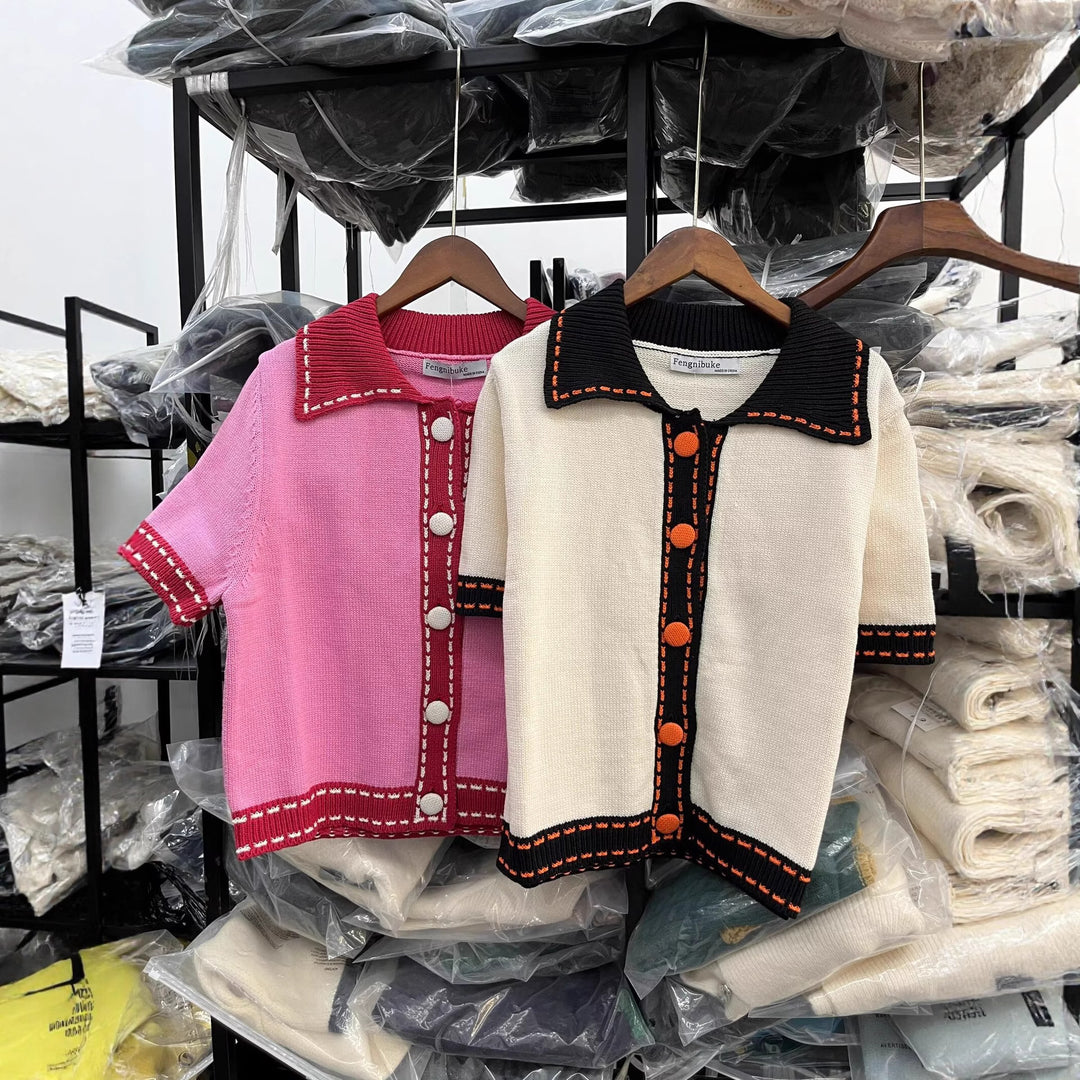 Damen Kurzarmpullover mit kontrastierenden Details EB