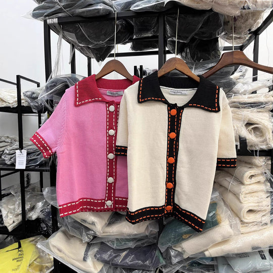 Damen Kurzarmpullover mit kontrastierenden Details EB