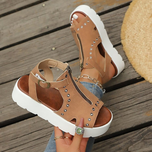 Damen Plattform-Sandalen mit Reißverschluss und dekorativen Ösen EB