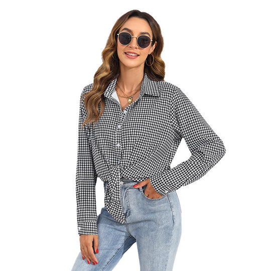 Damen nan geknotete Hahnentritt-Bluse mit Hemdkragen und durchgehender Knopfleiste EB