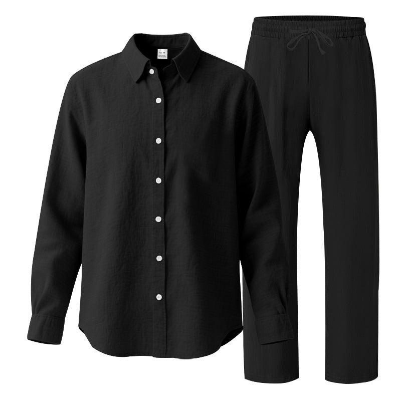 Damen nan komfortables Lounge-Set mit oversized Hemdbluse und elastischer Kordelzug-Hose EB