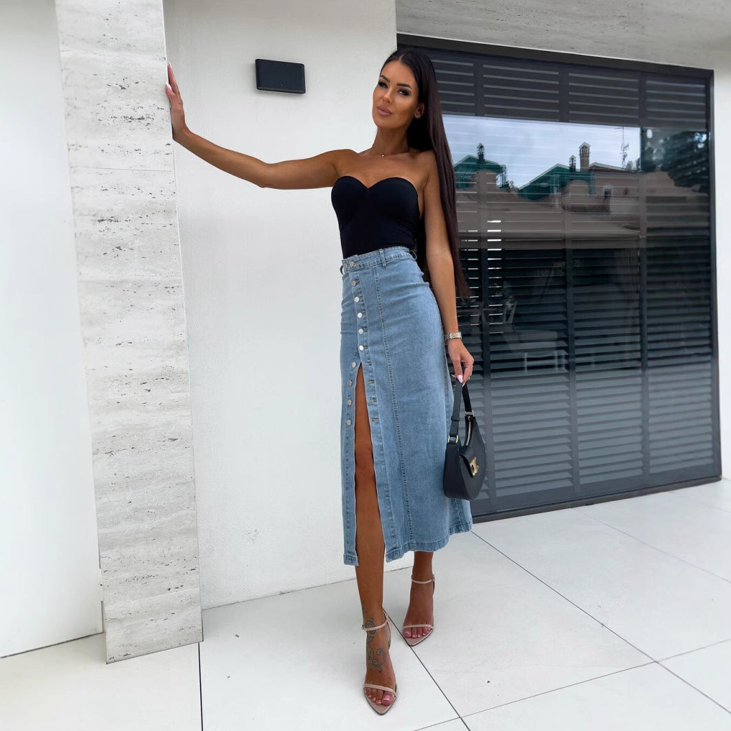 Damen Midi-Rock mit seitlichem Schlitz und Knopfdetail EB