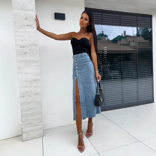Damen Midi-Rock mit seitlichem Schlitz und Knopfdetail EB