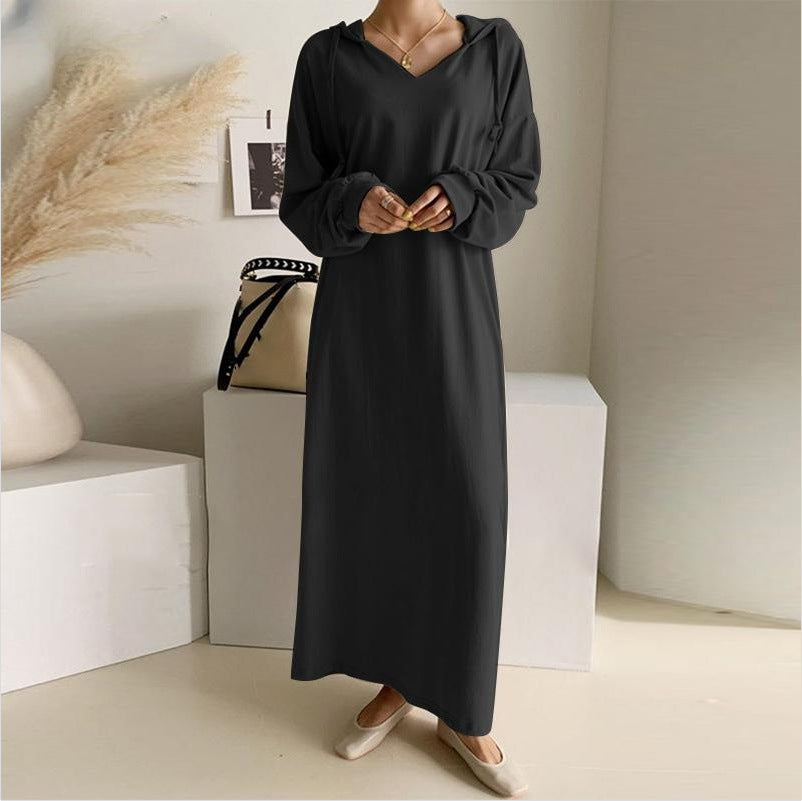 Damen nan lässiges Kapuzen-Maxikleid mit V-Ausschnitt, langen Ärmeln, lockerem geradem Schnitt und elastischen Bündchen EB