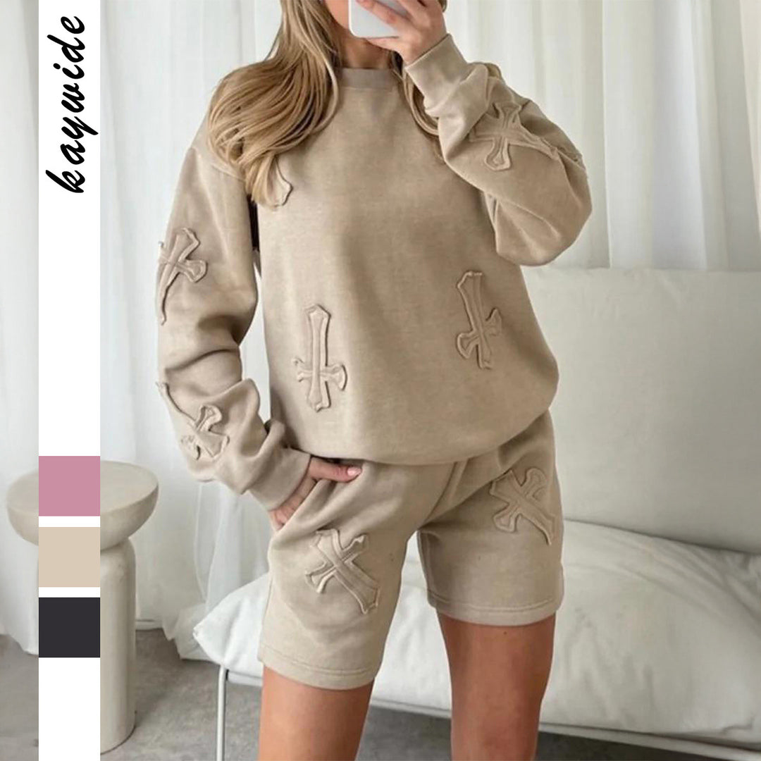 Damen nan lässiges Sweatshirt- und Short-Set mit dekorativen Schleifen-Applikationen, hohem Rundhalsausschnitt und Tunnelzugbund EB