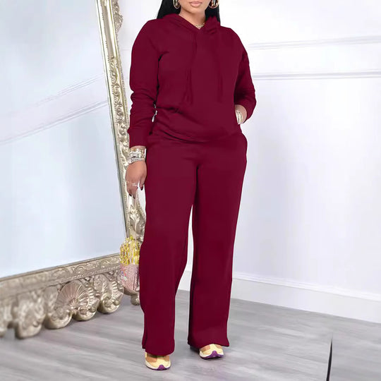 Damen nan Relax-Loungewear-Set mit weitem Highwaist-Palazzo-Jogger, Kapuzenpullover mit Kängurutasche und seitlichem Saumschlitz EB