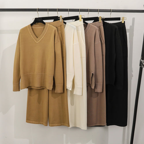 Damen lässiges Strick-Loungewear-Set mit tiefem V-Ausschnitt und praktischen Taschen EB