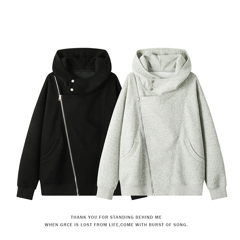 Damen nan asymmetrischer Kapuzenpullover mit hohem Kragen, diagonalem Reißverschluss und Kängurutaschen EB