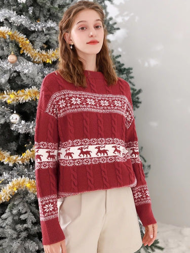 Damen gestrickter Rundhalspullover mit festlichem Muster EB