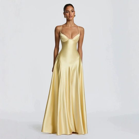 Damen elegantes Satin-Maxikleid mit raffinierten Spaghettiträgern EB