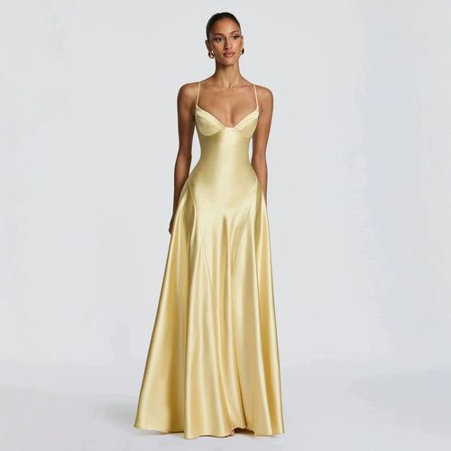Damen elegantes Satin-Maxikleid mit raffinierten Spaghettiträgern EB