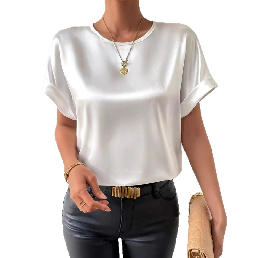 Damen Satin T-Shirt mit umgeschlagenen Ärmeln Heidi-Mode