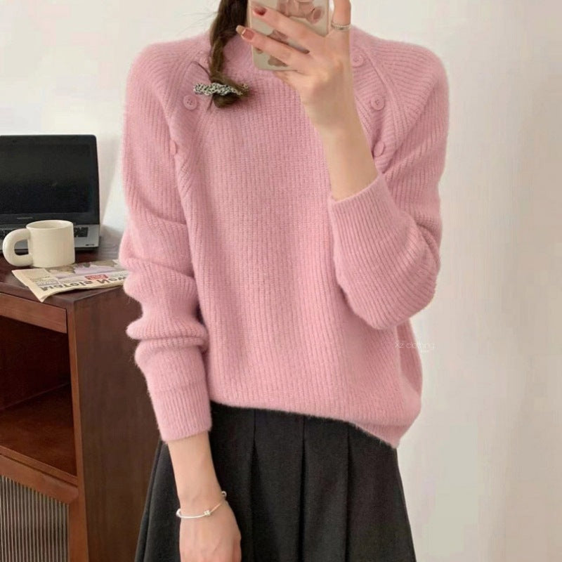 Damen Grobstrickpullover mit modernem Stehkragen und Knopfdetails EB