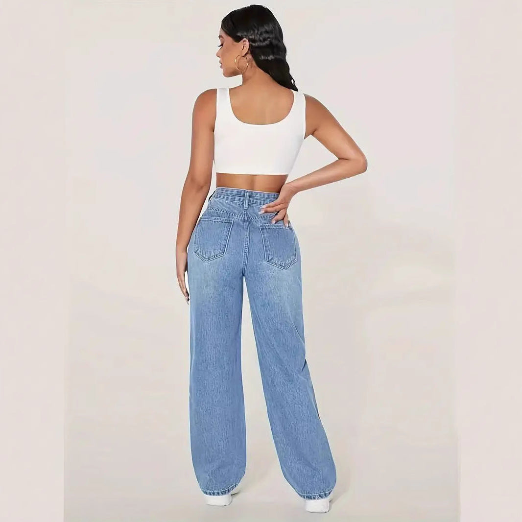 Damen Weite Denim-Hose mit trendigen Rissdetails und hohem Bund EB