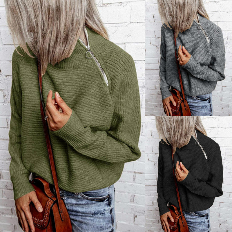 Damen lässiger Strickpullover mit hochgeschlossenem Kragen und dekorativen Nähten EB