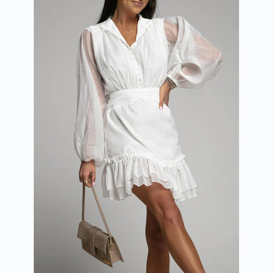 Damen Minikleid mit voluminösen Ärmeln und raffiniertem Rüschendesign EB