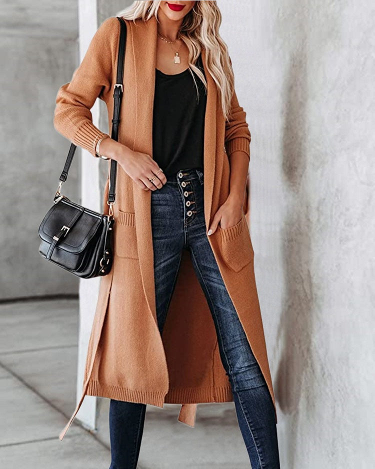 Damen Strickmantel mit praktischen Taschen und Gürtel EB