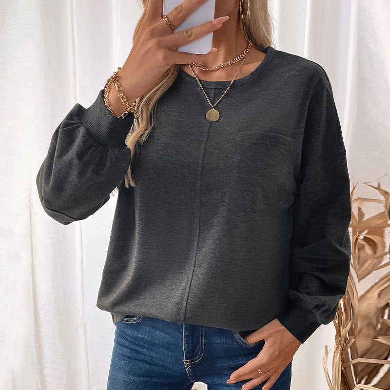 Damen modisches Sweatshirt mit voluminösen Ärmeln und aufgesetzter Brusttasche EB
