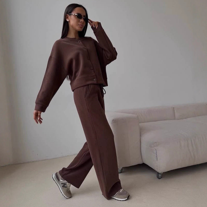 Damen Zweiteiliges Loungewear-Set aus Sweat mit geknöpfter Cropped-Jacke und weiter Kordelzughose EB