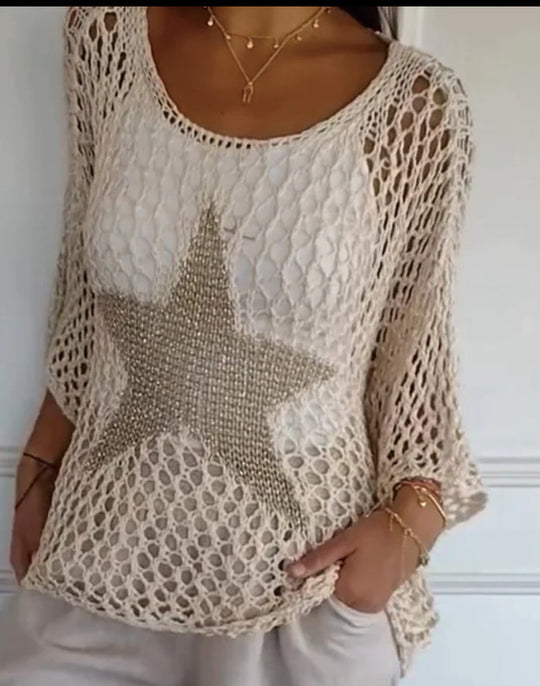 Damen nan oversized gehäkelter Pullover mit Sternapplikation und 3/4-Ärmeln EB