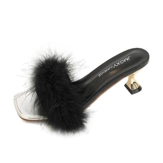 Damen Glamouröse Pantoletten mit Schmuckdetails und flauschiger Applikation EB