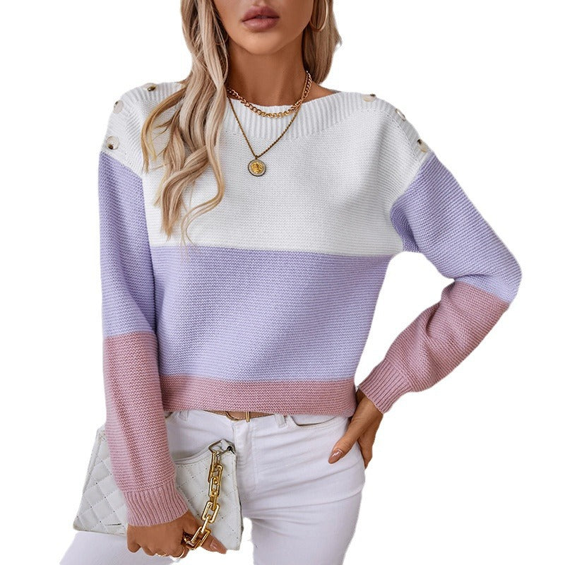 Damen modischer Strickpullover mit dekorativen Knopfdetails und Blockstreifen EB