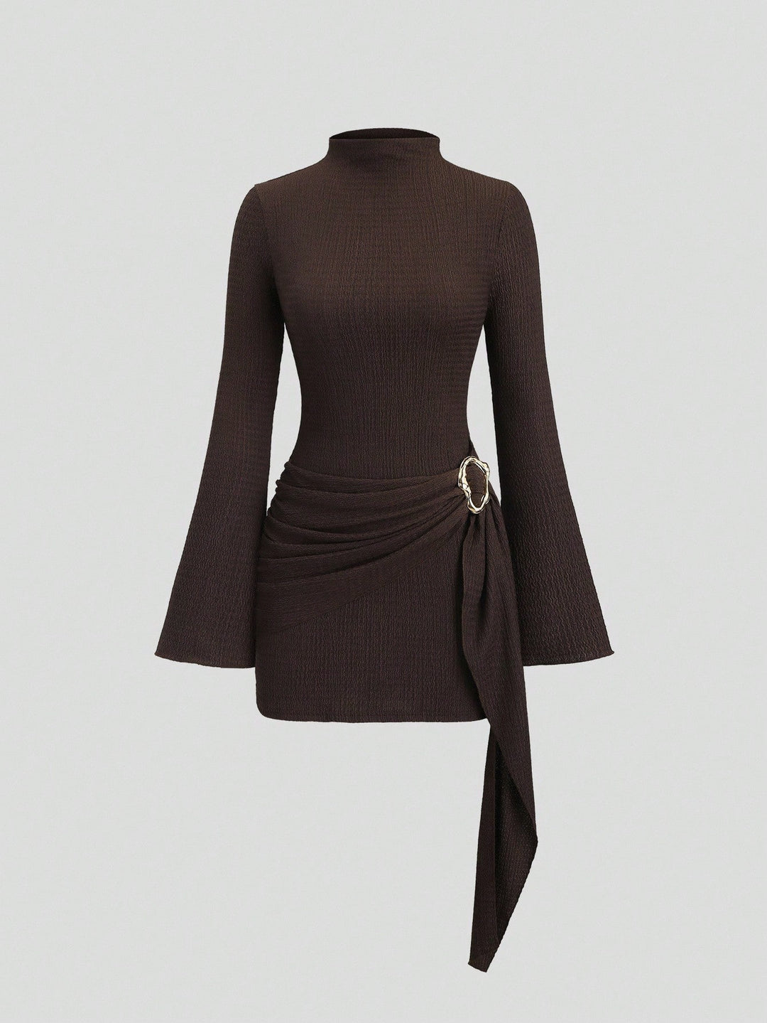 Damen nan figurbetontes Strick-Minikleid mit Stehkragen, Trompetenärmeln und seitlichem Drapé mit Zierring EB